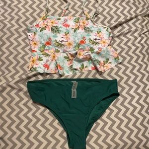 Floral top, green bottom Shein bathing suit size 160. New in package.